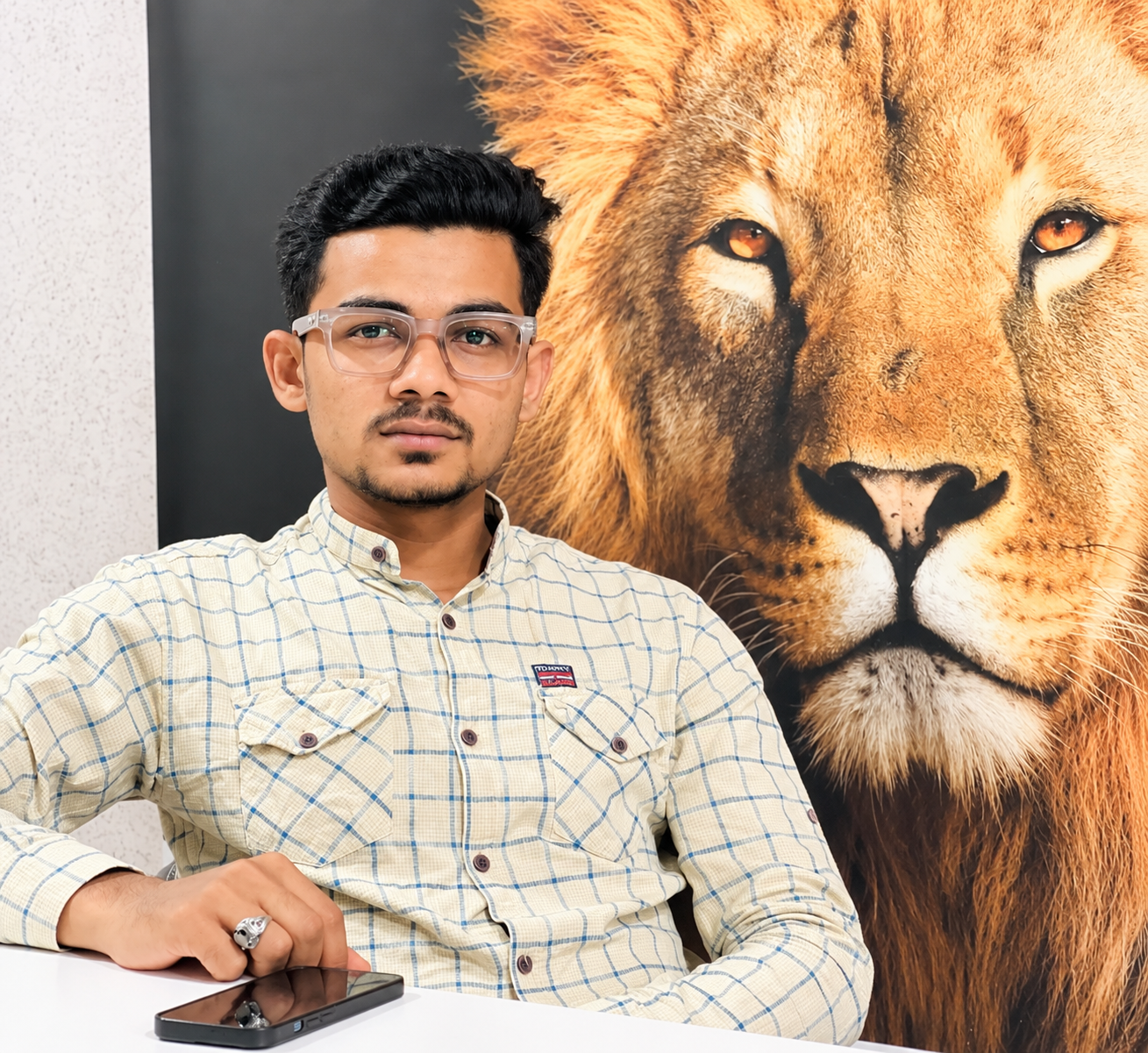 Confident Portrait With Lion Backdrop